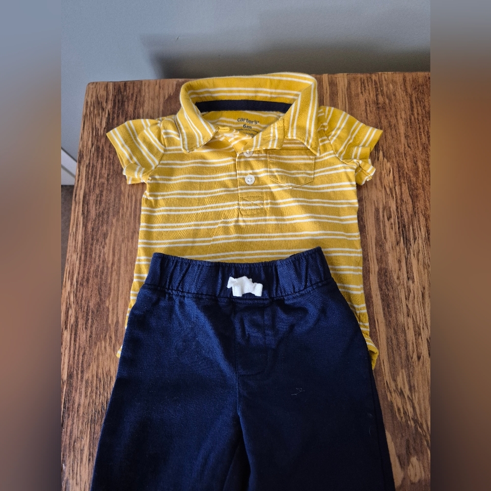 Carter's Yellow Striped Polo Set with Navy Pants